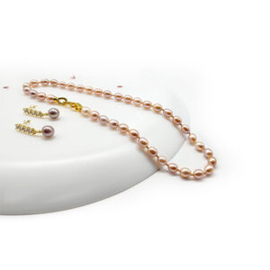 Classic set of fresh water rice pearl necklace and earrings set on sterling silver gold plated with cubic zirconia