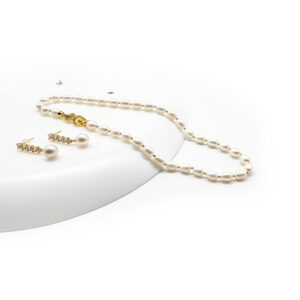 Classic freshwater pearl set of necklace and earrings set on sterling silver gold plated with cubic zirconia