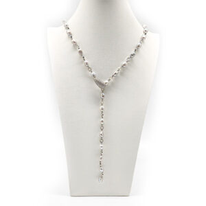 Sterling silver lariat necklace with silver gray baroque pearls.