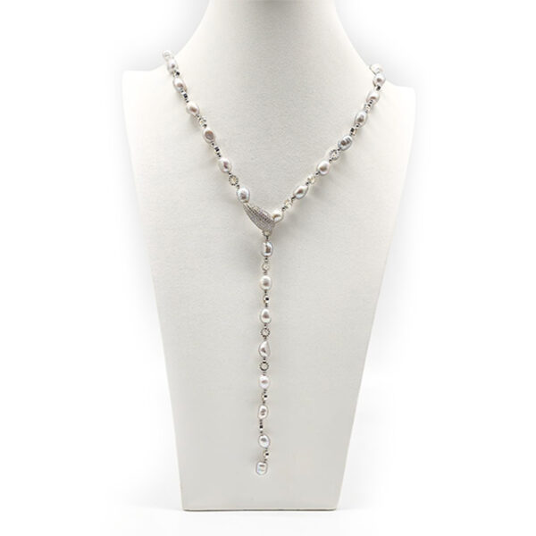 Sterling silver lariat necklace with silver gray baroque pearls.