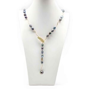 Baroque peacock pearl lariat necklace on silver gold plated