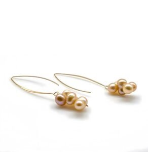 Chunky Hoop Drop Earrings with Fresh Water Peach Pearl on Stainless Steel Gold-Plated
