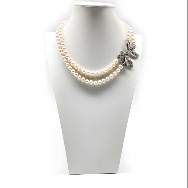 Double strand Bow pearl necklace on sterling silver with cubic zirconia