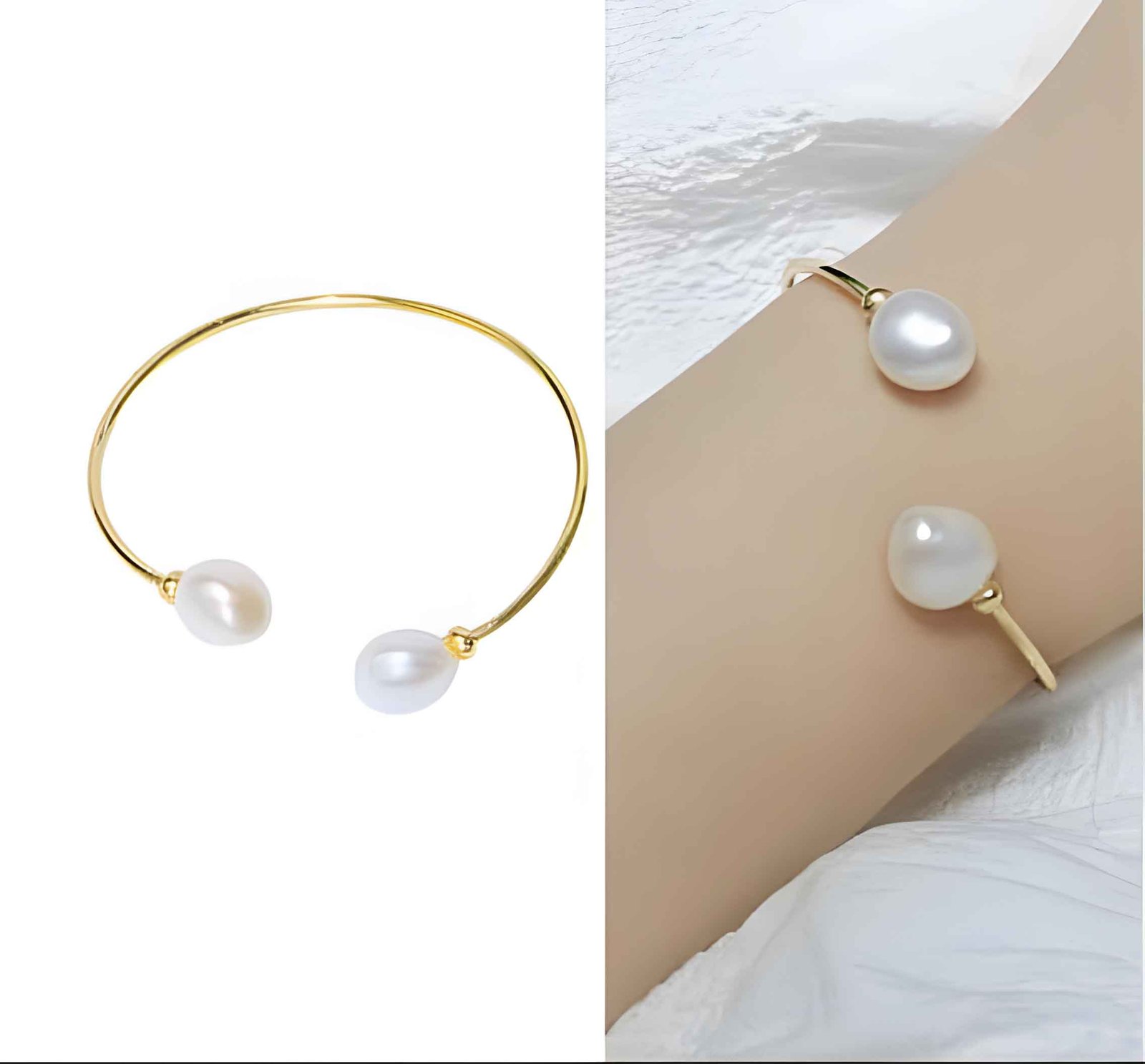 Sterling Silver Gold Plated Cuff Bracelet with Fresh Water Pearls