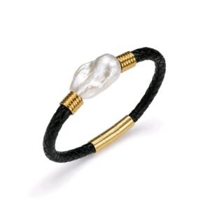 Baraka Bracelet - braided black leather and a baroque freshwater pearl with 24K gold-plated steel