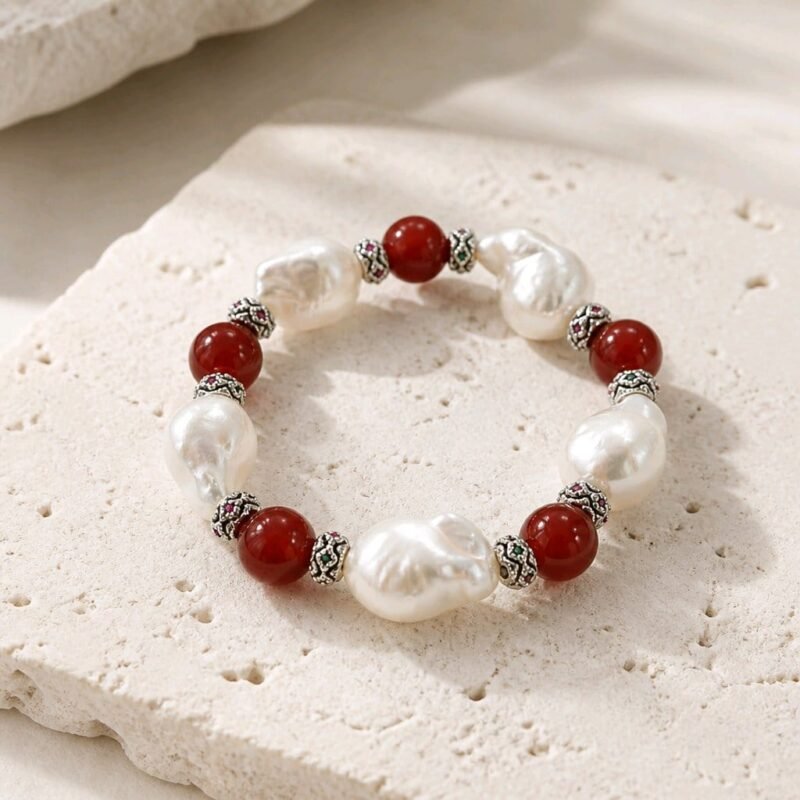 Pendo Bracelet - pearls with red coral and silver with zirconia