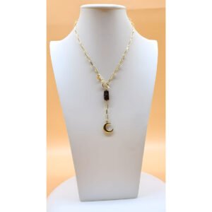 Baroque Moon Lariat Necklace with Black Baroque Pearl Centerpiece on Stainless Steel, 24K Gold-Plated