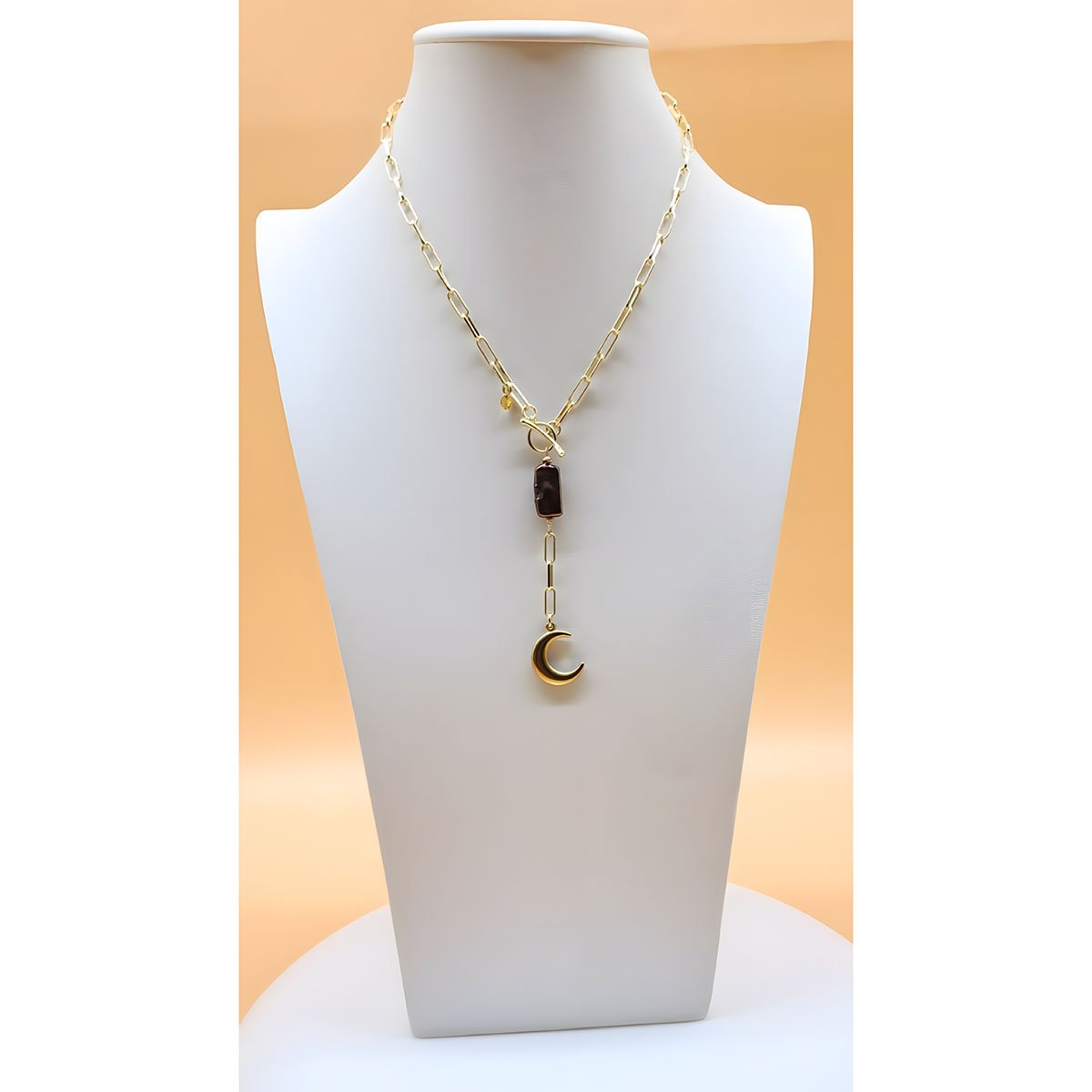 Baroque Moon Lariat Necklace with Black Baroque Pearl Centerpiece on Stainless Steel, 24K Gold-Plated