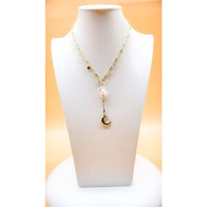 Baroque Moon Lariat Necklace with White Baroque Pearls on Stainless Steel, 24K Gold-Plated