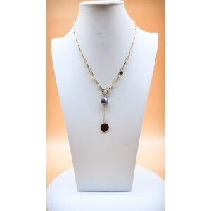 Button Pearl Disk Lariat Necklace on Stainless Steel, 24K Gold-Plated