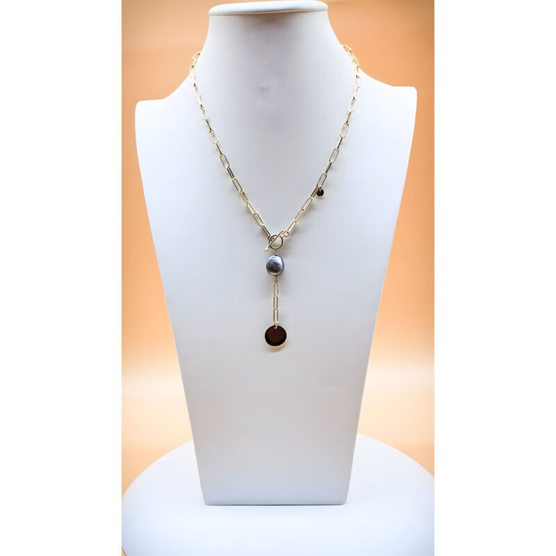 Button Pearl Disk Lariat Necklace on Stainless Steel, 24K Gold-Plated
