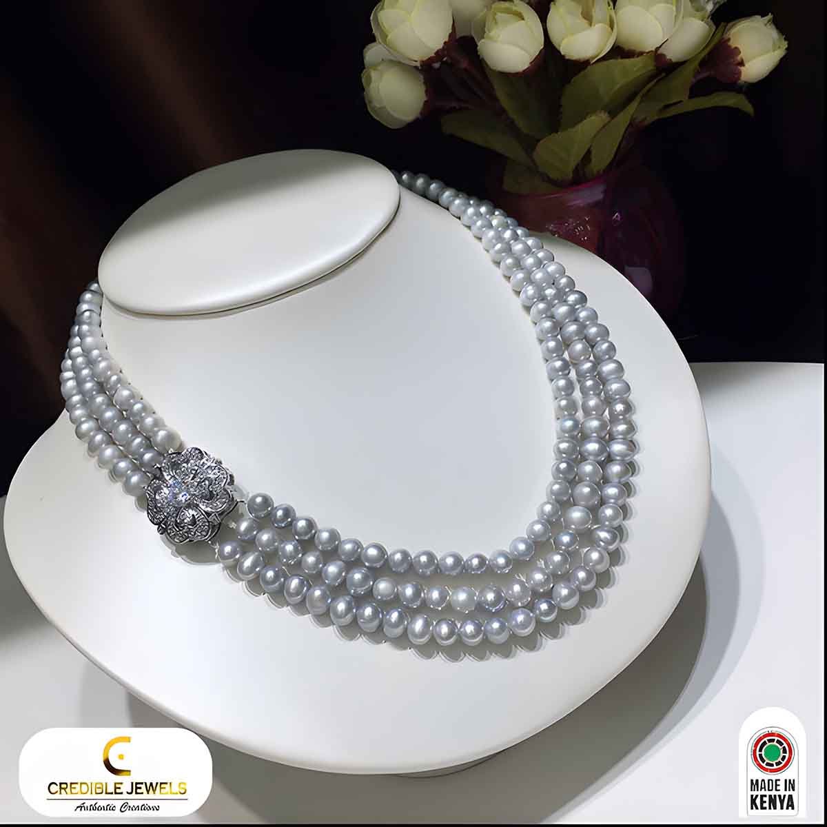 Classic 3 Strand Grey Pearl Necklace