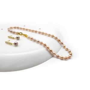 Classic Freshwater Rice Pearl Necklace and Earrings Combo Set on Sterling Silver Gold Plated with Cubic Zirconia (Brown)