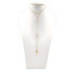 Dainty Long Drop Pearl Necklace on Stainless Steel Gold Plated with Freshwater Rice Pearls