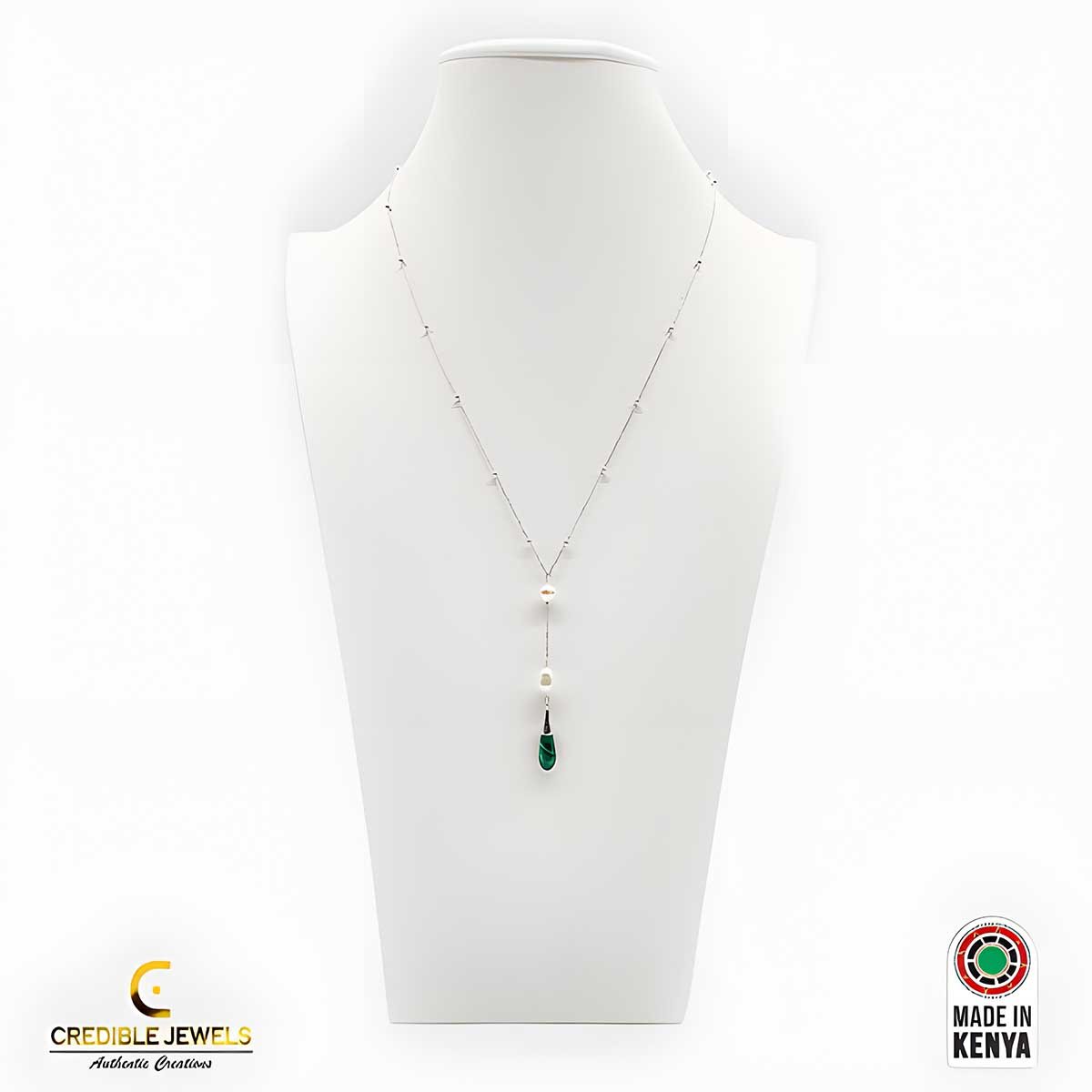 Dainty Sterling Silver Necklace with Green Malachite and Fresh Water Pearls