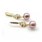 Fresh water Pearl Drop earrings on Sterling silver Gold plated with cubic Zirconia detail -Satin Pink