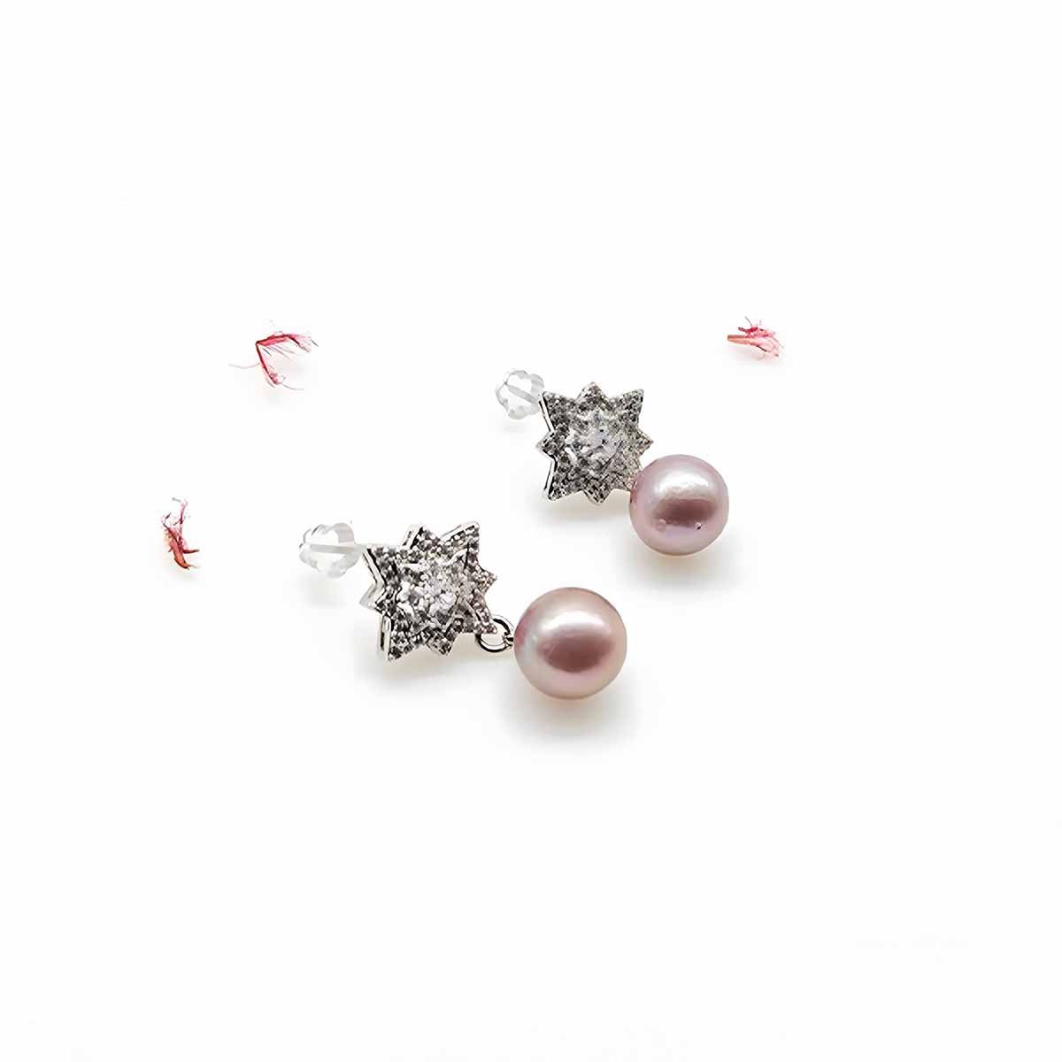 Freshwater Drop Pearl Star earrings on sterling silver and detailed with cubic zirconia