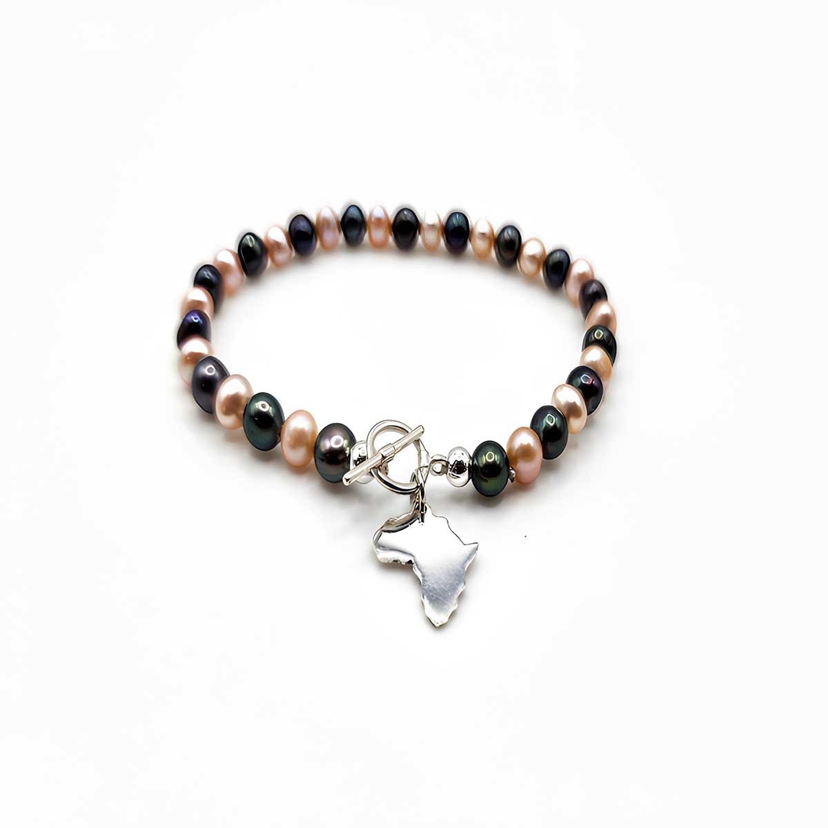 Sterling Silver AFRICA Locket Bracelet with Freshwater Pearls Brown-Black