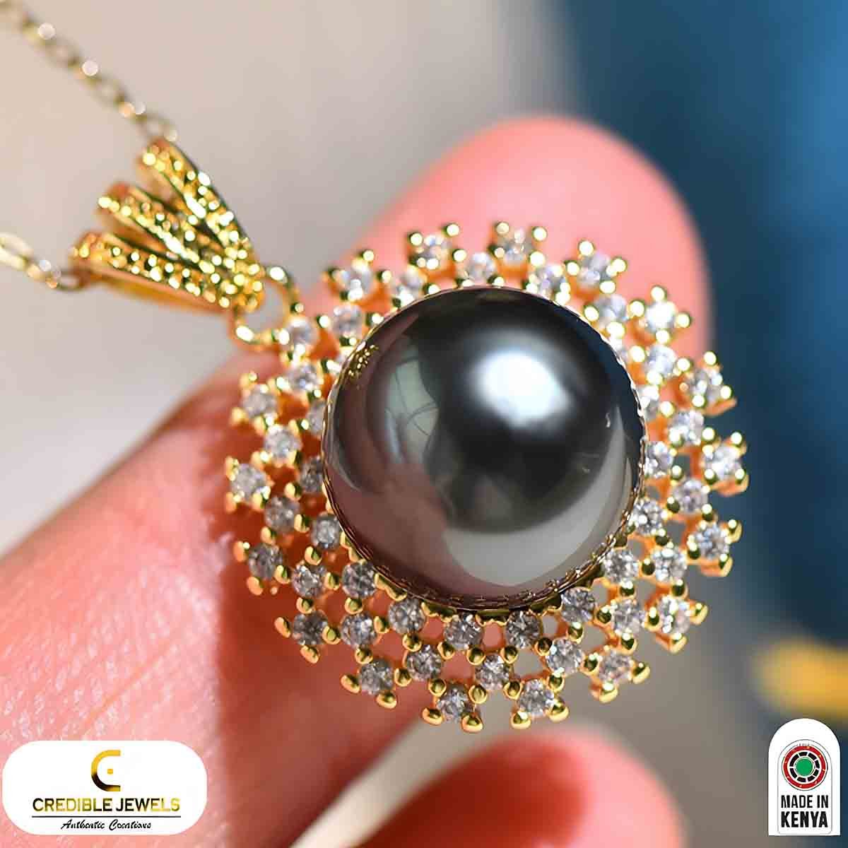 Sterling Silver Gold-Plated Black Pearl Necklace with Cubic Zirconia