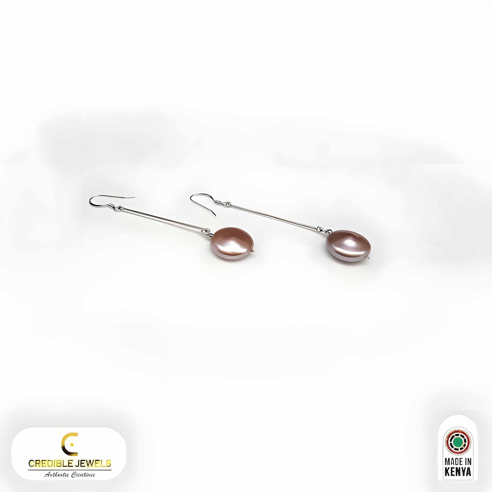 Sterling silver bar drop earrings with fresh water button pearls - Shiny Brown