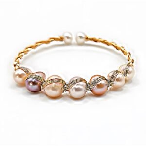 Wire wrap cuff Bracelet With Multicoloured Baroque Pearls Wrist Band