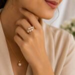 model wearing Malkia Ring -cluster of genuine pearls with cubic zirconia, crafted in sterling silver