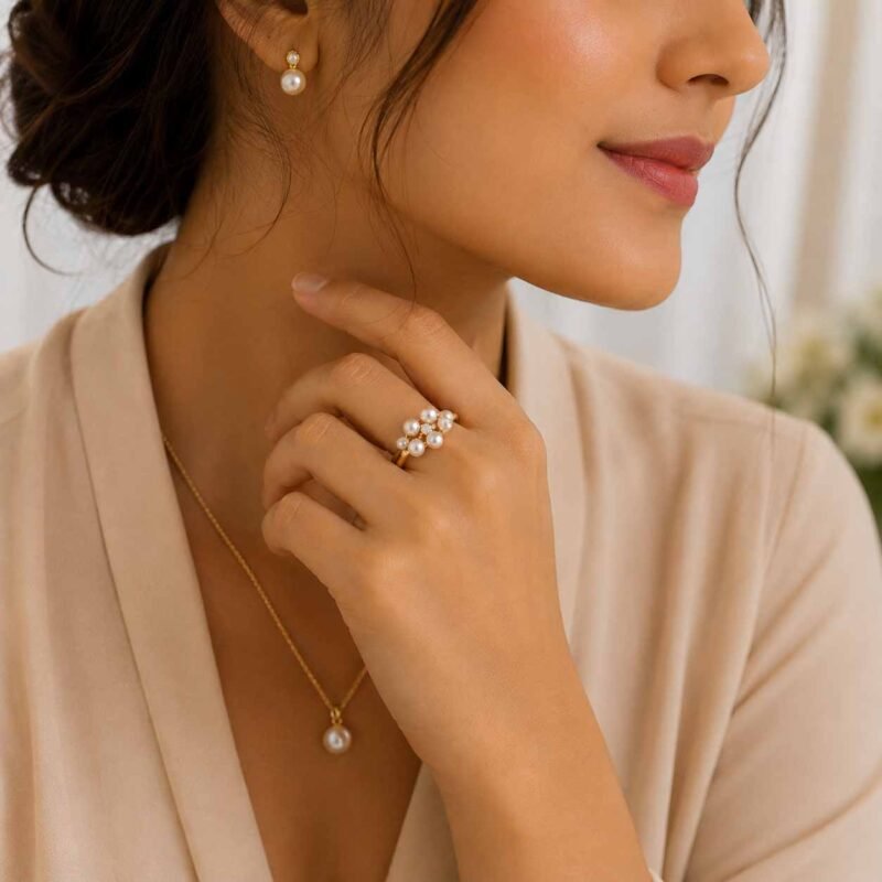 model wearing Malkia Ring -cluster of genuine pearls with cubic zirconia, crafted in sterling silver