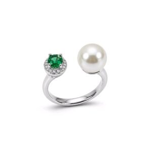 Kijani Ring- freshwater pearl with green cubic zirconia crafted in sterling silver