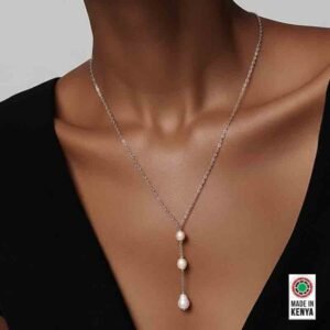 Three drop elegant stainless steel rhodium plated necklace with baroque pearls