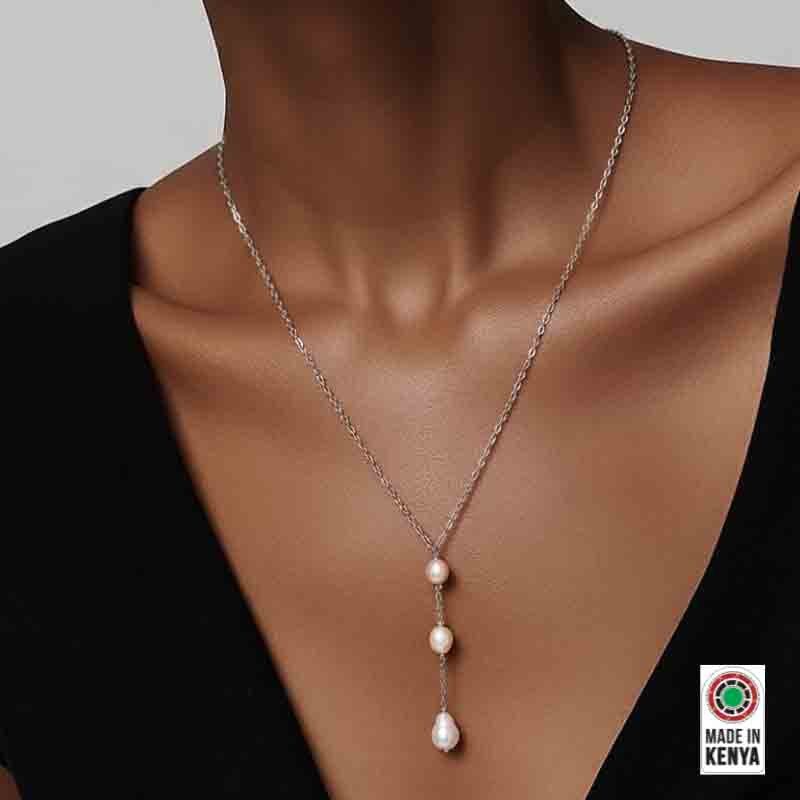 Three drop elegant stainless steel rhodium plated necklace with baroque pearls